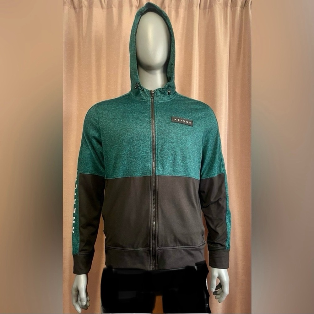 American Eagle Men’s Large Hood Jacket Black & Teal Forestpunk Lightweight GUC